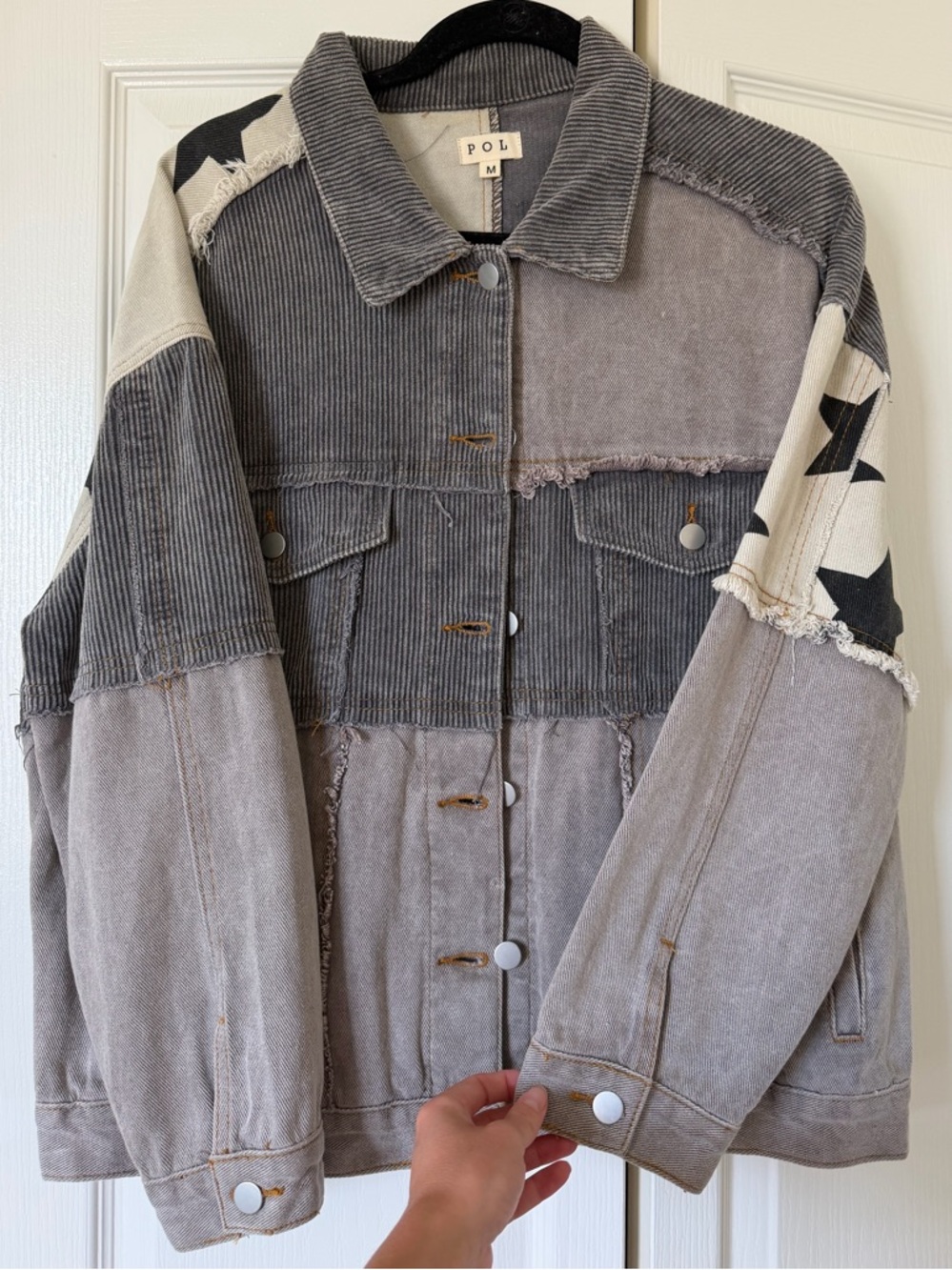 POL Grey Mixed-Fabric Star Sleeve Jean Jacket